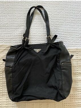 Prada Black Nylon Tote with Leather Trim and Silver Hardware